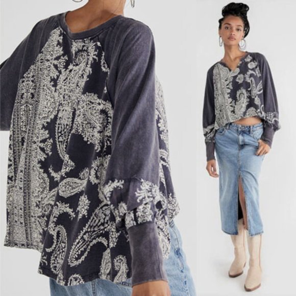 NEW Free People True Perfection Paisley Printed Long Sleeve High Low Top $98 L - Picture 6 of 9